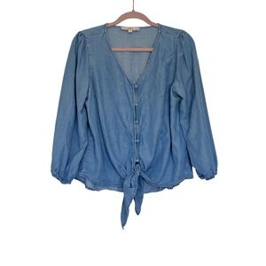 LOFT Women's Lyocell Blouse Long Sleeve w/ Tie Light Jean Blue Prairie Size L P